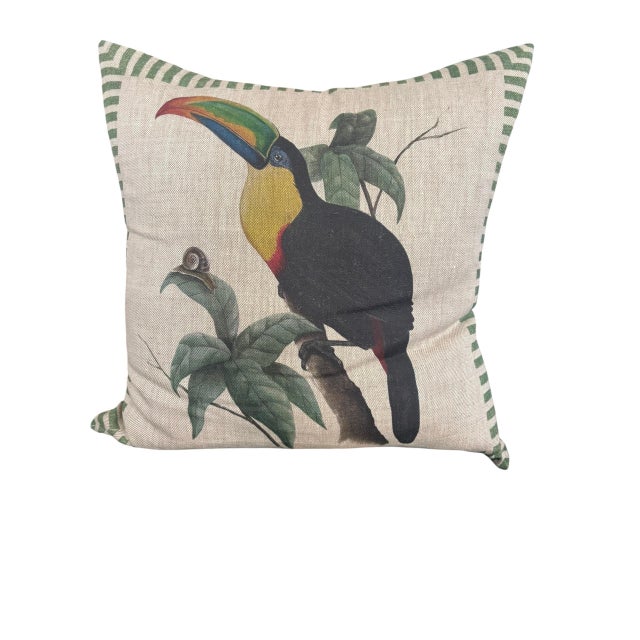 Illustration Vintage Linen Toucan & Snail Cushion With Striped Border For Sale - Image 3 of 12