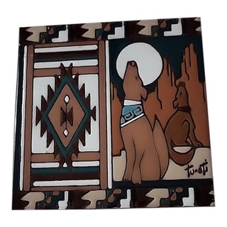 Vintage Ceramic Tile Wolves Howling Trivet Native Southwest Art Signed Tu-Oti For Sale