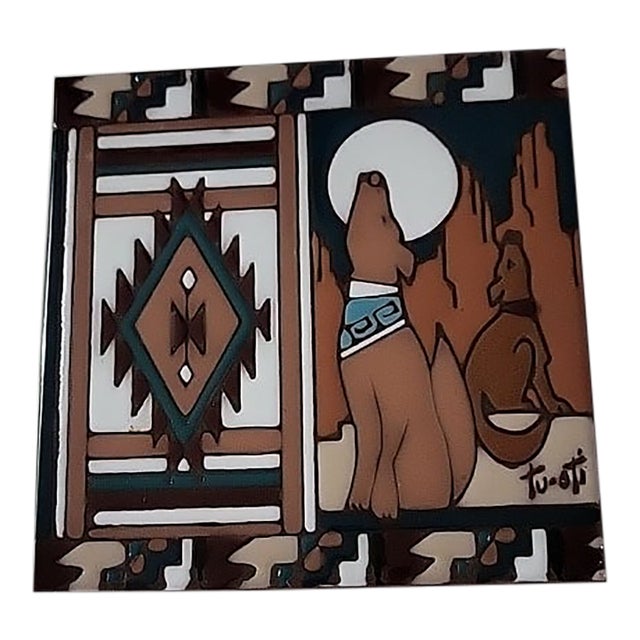 Vintage Ceramic Tile Wolves Howling Trivet Native Southwest Art Signed Tu-Oti For Sale