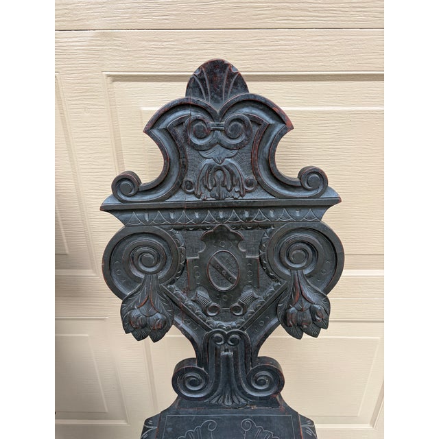Pair of Italian Renaissance Revival Carved Walnut Hall Chairs For Sale - Image 10 of 14