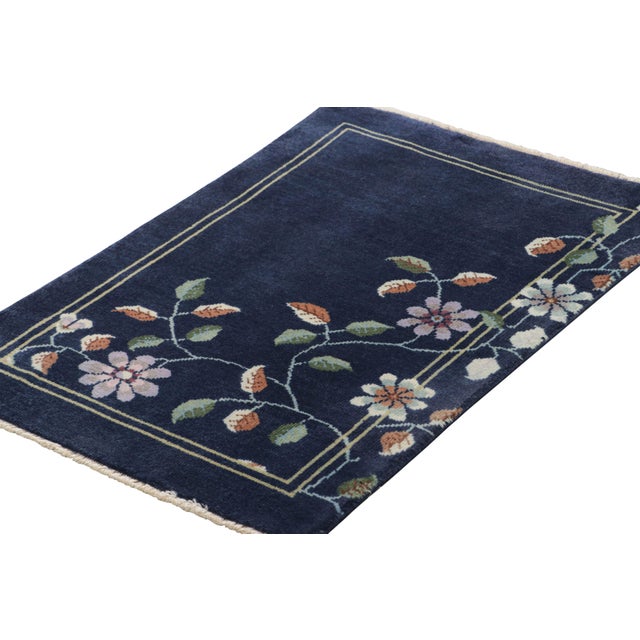 Rug & Kilim Rug & Kilim’s Chinese Art Deco Style Rug, Navy Blue Ground and Floral Patterns For Sale - Image 4 of 5