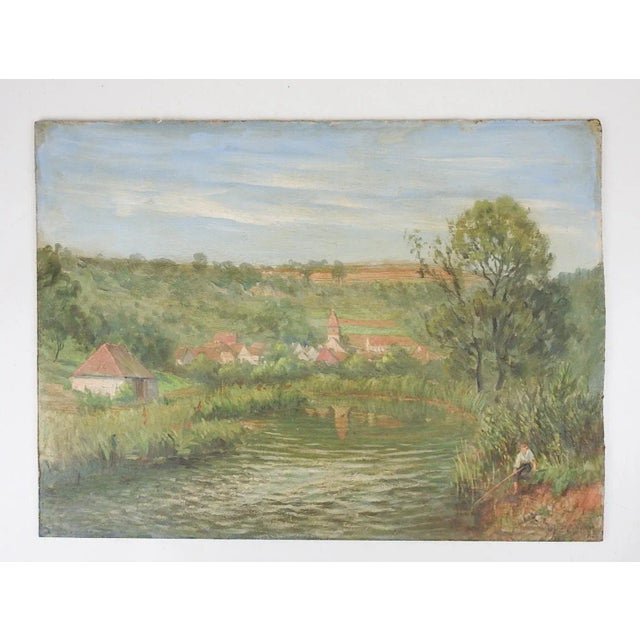 Wood Vintage Mid 20th Century French River Landscape Painting For Sale - Image 7 of 7