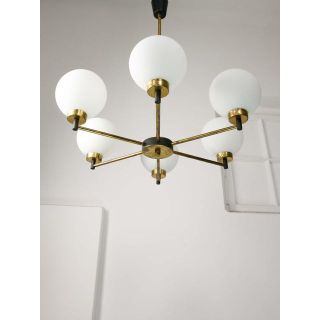 Mid-Century Modern Italian Brass and Opaline Chandelier For Sale - Image 14 of 16