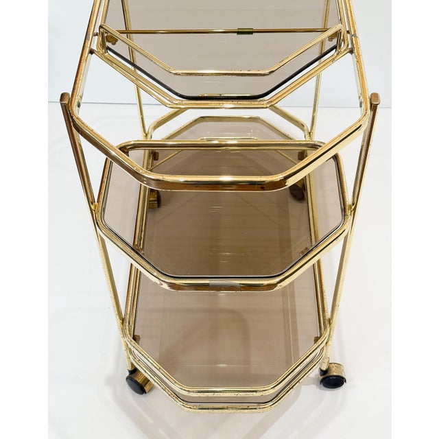 Mid 20th Century Italian Modern Rolling Drinks Cart or Console Trolley of Brass and Smoked Glass For Sale - Image 10 of 14