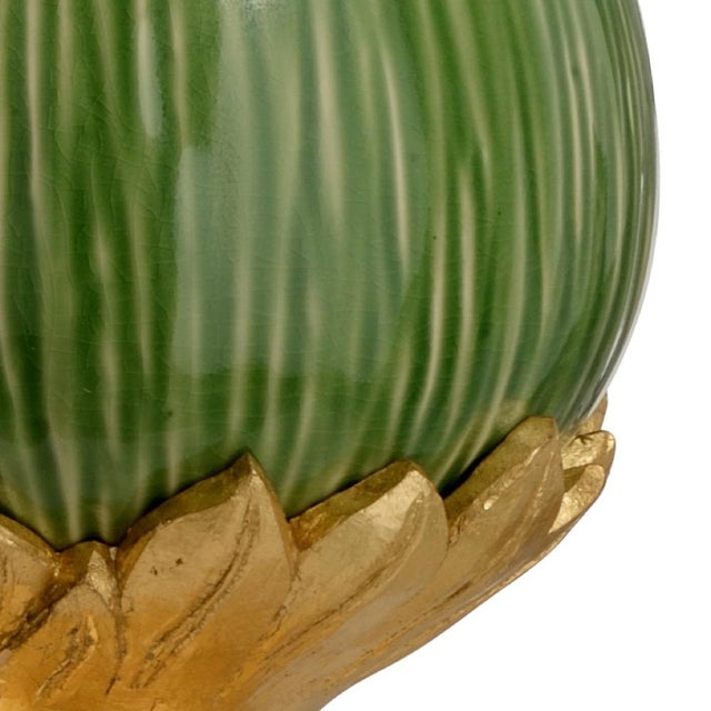 Kiwi glaze on ceramic with antique gold leaf mounting 31h x 5.8w x 5.8d Shade Dimensions: top(16) bottom(17) side(11)