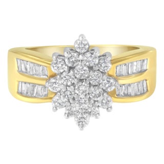 10K Yellow Gold 1.0 Cttw Round & Baguette Cut Diamond Floral Cluster Double-Channel Flared Band Statement Ring (H-I Color, SI2-I1 Clarity) Size 7-1/2 For Sale