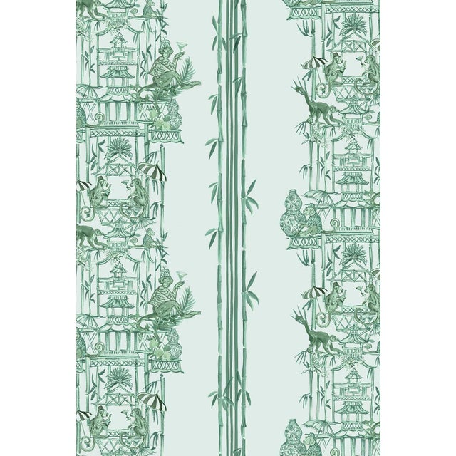 Chinoiserie Shenanigans Toile Grasscloth Wallpaper by House Party | Jade Garden Green | 6 Yards For Sale - Image 4 of 9