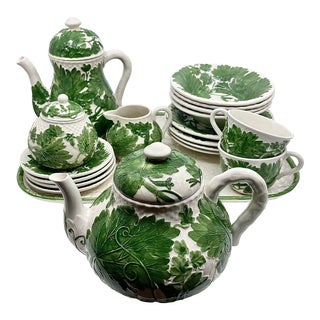Portuguese Hand Painted Green Ivy Tea and Serving Set- a Set of 19 Pieces For Sale