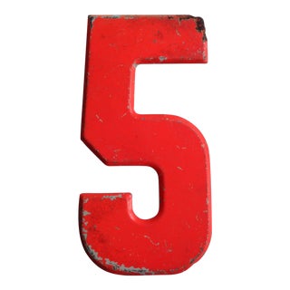 Vintage Rustic Neon Orange Metal Number '5' Sign For Sale