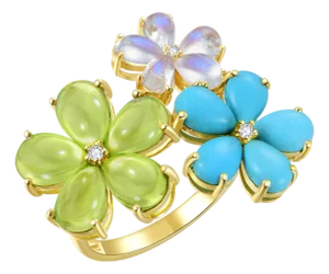 Nina Zhou Peridot Turquoise Moonstone Diamond Flower Blossom Cocktail Ring in 14k Gold - Size 6