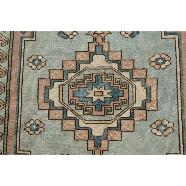 Vintage Turkish Area Rug, Soft Pink and Blue, Handwoven Wool For Sale - Image 9 of 10