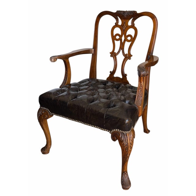 Wood Chippendale Style Carved Mahogany Tufted Leather Desk or Side Armchair For Sale - Image 7 of 8