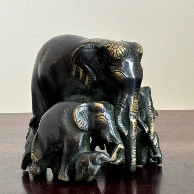 Ebony Mid-20th Century Brass Elephant Figure W/ Calves For Sale - Image 8 of 12