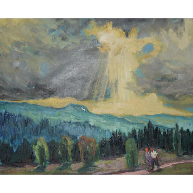 Vintage Oil Painting by German Artist August Philipp Henneberger (1902-1980) Illuminated Path w/ Figures c.1950s Brilliant...