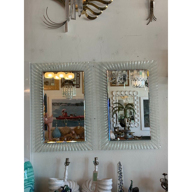 Transparent Vintage Pair of Italian Murano Wavy Ruffle Scalloped Glass Wall Mirrors For Sale - Image 8 of 11