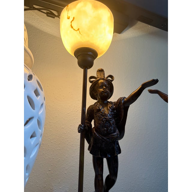 Baroque Mid-20th Century Venetian Style Figural Bronze Blackamoor Table Lamps on Red Marble Bases - A Pair For Sale - Image 3 of 9