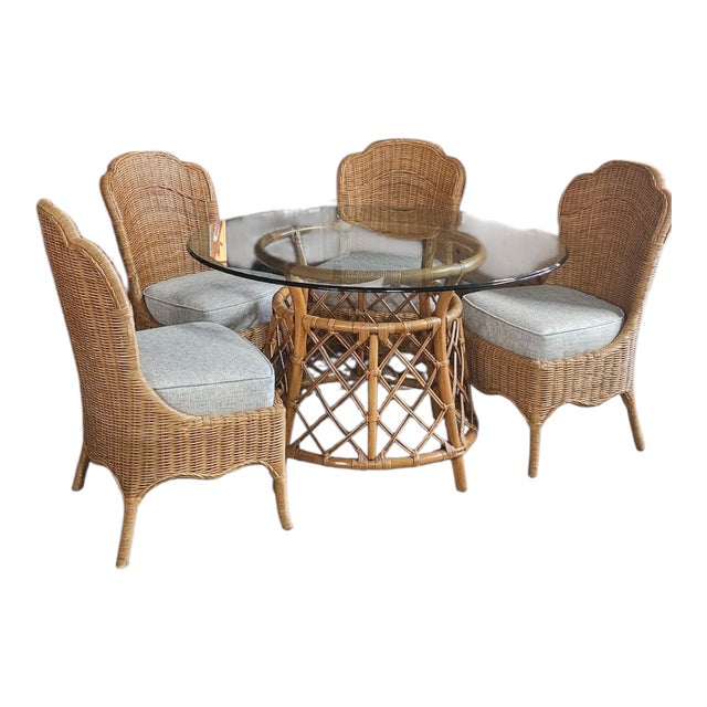Mid-Century Modern 1970s Vintage Rattan Table and 5 Dining Chairs - Set of 6 For Sale - Image 3 of 6