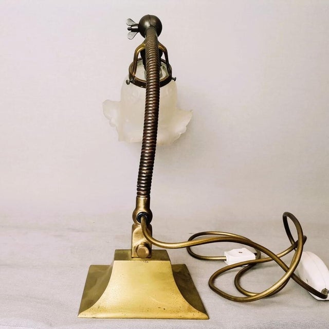Goldenrod Art Nouveau Flexible Brass Goose Neck and Glass Table Lamp, 1950s For Sale - Image 8 of 13