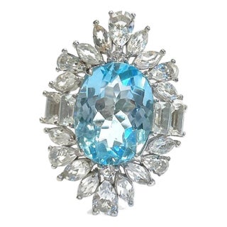 Bochic “Capri” Vintage Blue Topaz Ring Set In 18K White Gold & Silver For Sale