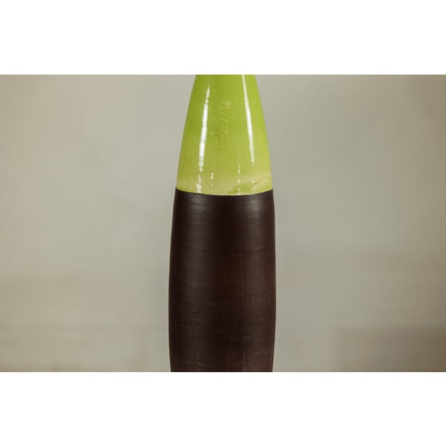 Tall Artisan Ceramic Vase with Glossy Green and Matte Brown Glaze For Sale - Image 18 of 18