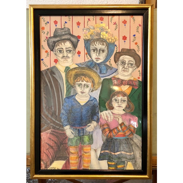 Maria Teresa Vieco, Latin American Folk Art Family Portrait Colombian Naive Painting, Color Drawing, 1975 For Sale - Image 9 of 10