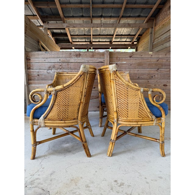 Henry Link Set of Four Vintage Rustic Rattan Dining Armchairs by Henry Link With Original Cushions For Sale - Image 4 of 12