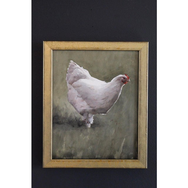 This watercolor on paper depicts a solitary white chicken, rendered with delicate brushwork that captures its soft...