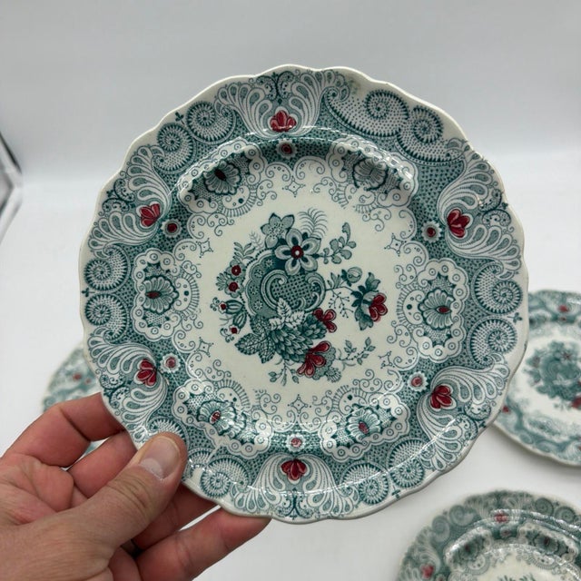 Farmhouse Set of 6 Antique English Adams Green & Red Transferware "Jacobean" Plates For Sale - Image 3 of 12