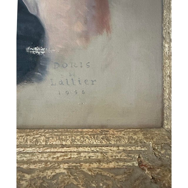 Vintage Mid Century/ Regency Original Society Oil Portrait on Canvas of Socialite Doris Campbell by Listed Artist Victor Lallier in Gilt Wood Frame For Sale - Image 4 of 10