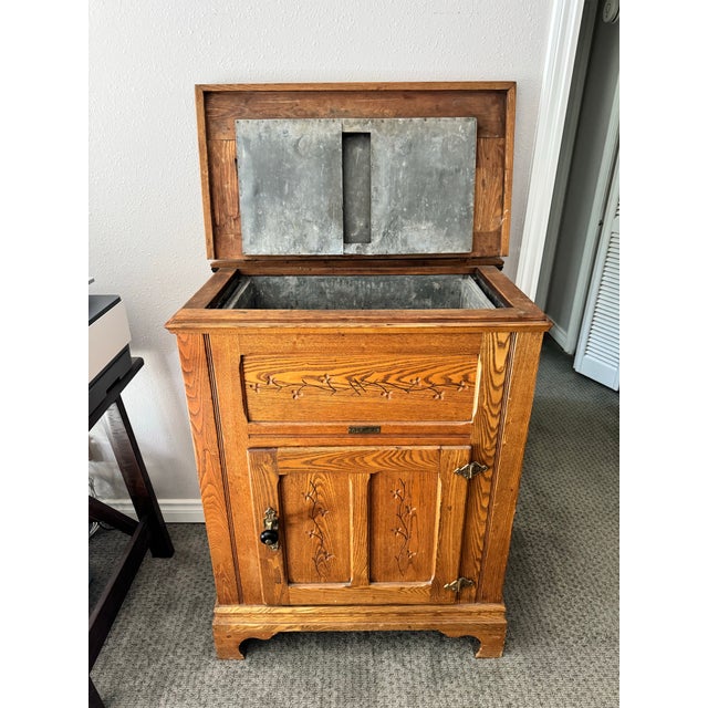 American Vintage 1910s Alaska Ice Box Wood Cabinet With Carved Details For Sale - Image 3 of 10