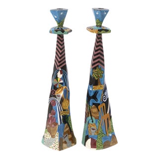 Robert Lipnick Candlestick Holders 1994 Signed Hand Painted Pottery Postmodern For Sale