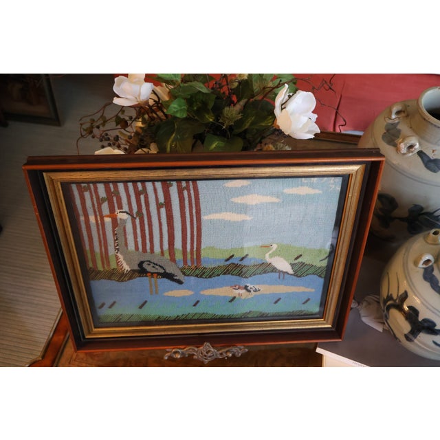 Vintage 1970s Marshland Bird Needlepoint in Gold-Toned Frame, Initialed l.h. For Sale - Image 12 of 18