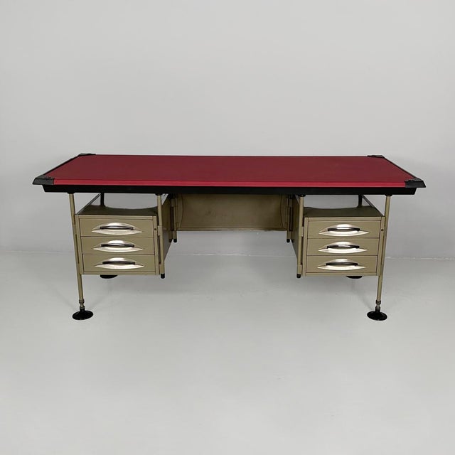 Italian mid-century modern metal red leather plastic desk BBPR Olivetti, 1960s Desk model Spazio with a rectangular metal...