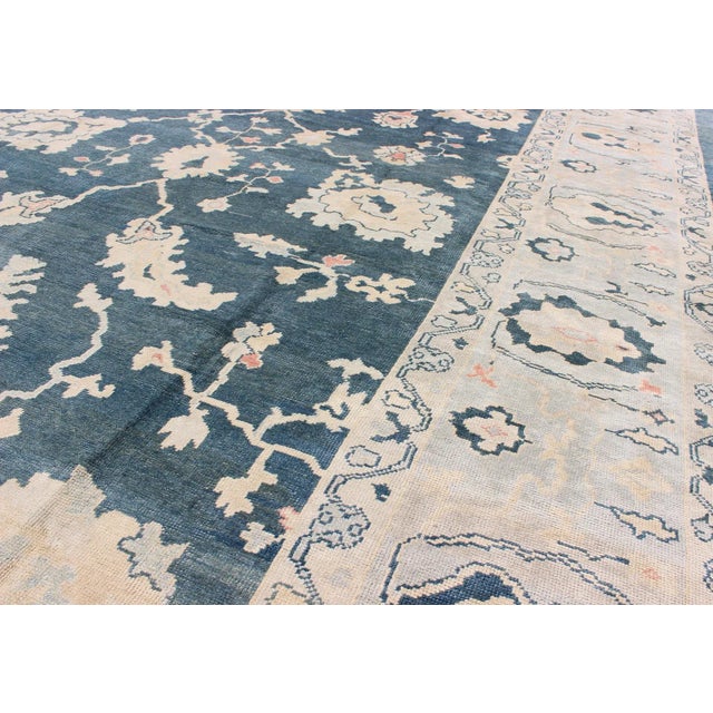Textile Large Turkish Oushak Rug With Dark Teal Blue Background & Ice Blue Border For Sale - Image 7 of 12