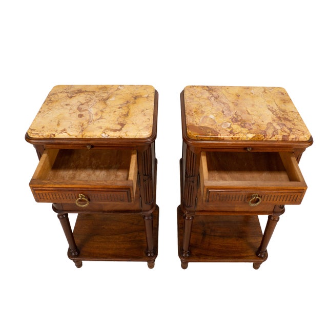 Antique French Louis XVI Style Marble Top Ceramic Lined Nightstands - A Pair For Sale - Image 9 of 18