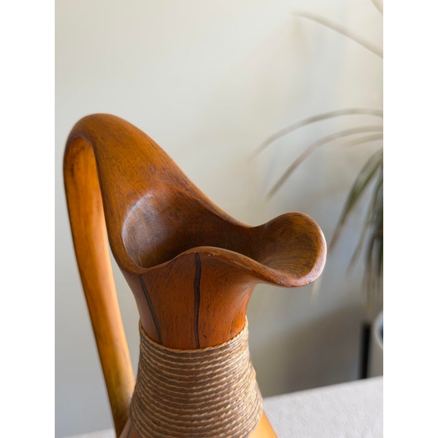 Vintage Midcentury African Bentwood Pitcher Vase With Sculptural Neck and Curving Handle, Teardrop Accents, Feather and Stone Tassel Detail For Sale - Image 11 of 12
