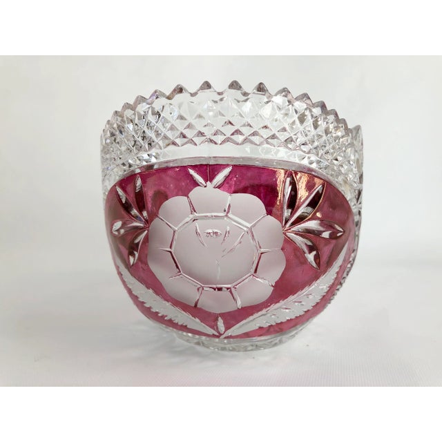 Art Deco Style Cranberry Cut to Clear Oval Scalloped Bowl For Sale - Image 4 of 6