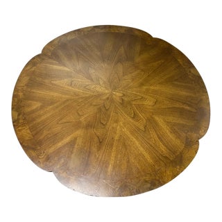 Vintage Mid Century Scallop Shape Coffee Table With Inlaid Burled Walnut Scallop Top, Tulip Flower Base and Custom Glass Top For Sale