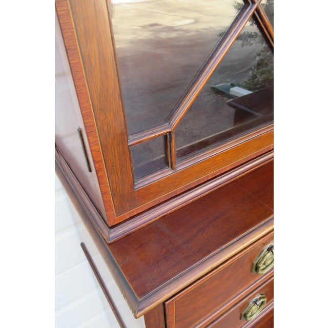 Mahogany Inlay 2 Part Breakfront China Display Cabinet With Desk For Sale - Image 10 of 12