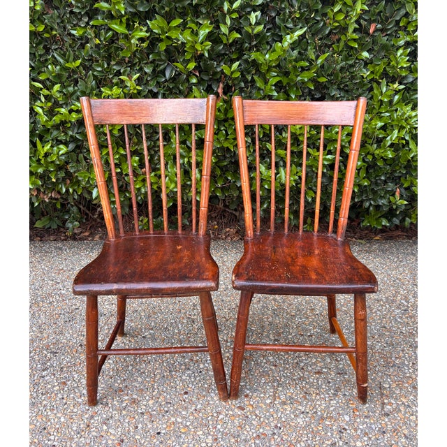 American Mid 19th Century Bamboo-Turned Windsor Side Chairs With Single Board Seats, a Pair For Sale - Image 3 of 9