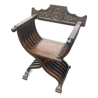 Vintage Renaissance Revival Savonarola Chair in Carved Walnut For Sale