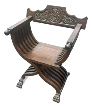 Vintage Renaissance Revival Savonarola Chair in Carved Walnut