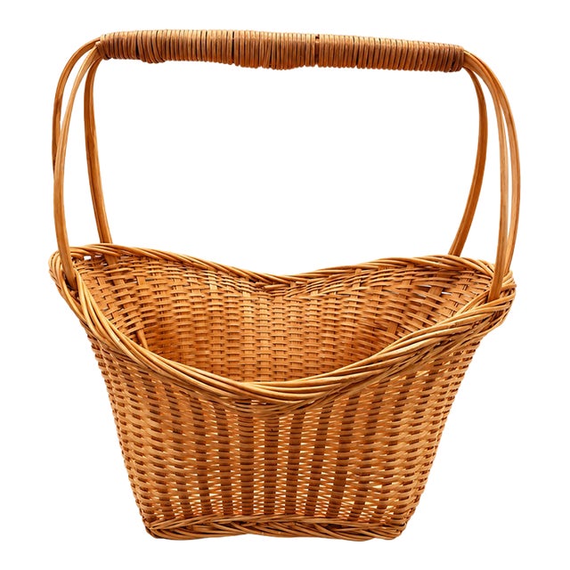 Vintage Wicker Gathering Basket With Wrapped Bamboo Handle For Sale