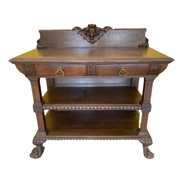Late 19th Century Gothic Revival Side Board Buffet With Carved Lion Head Cornice For Sale