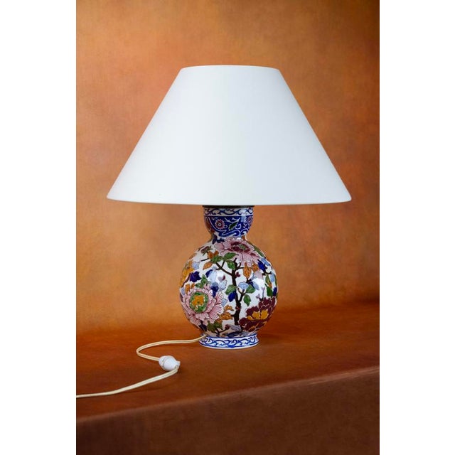 Polychrome Earthenware Lamp Base with Peony Decoration from Gien, France, 1971-1984 For Sale - Image 3 of 11