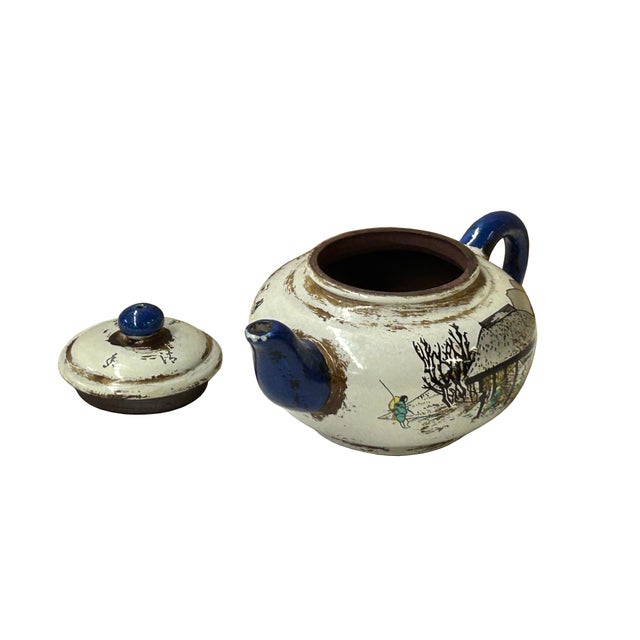 1980s Asian Oriental Zisha Clay White Glaze Scenery Graphic Display Art Teapot For Sale - Image 13 of 15
