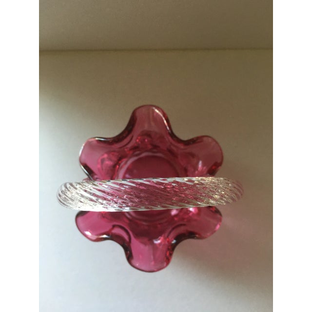 Hollywood Regency Vintage Fenton Cranberry Inverted Coin Dot With Receded Clear Handle Glass Basket For Sale - Image 3 of 7