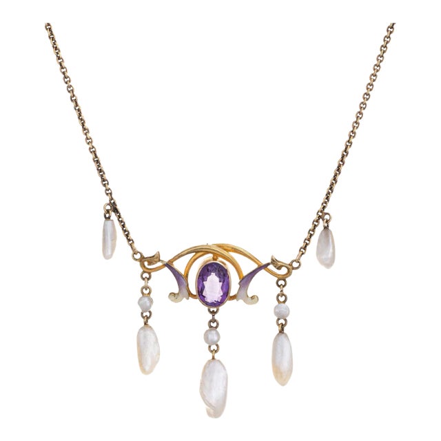 Antique Art Nouveau Necklace 14k Gold Amethyst Sawtooth Pearl Enamel Vintage For Sale