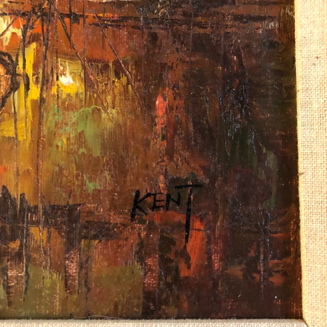 Mid-Century Modern Mid Century Modern Abstract Cityscape Carved Original Frame Signed For Sale - Image 3 of 7