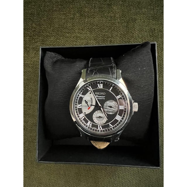 2010s Seiko Premier Automatic 2010 Original Box, Steel Case, Black Lather, Steel Clasp For Sale - Image 5 of 9